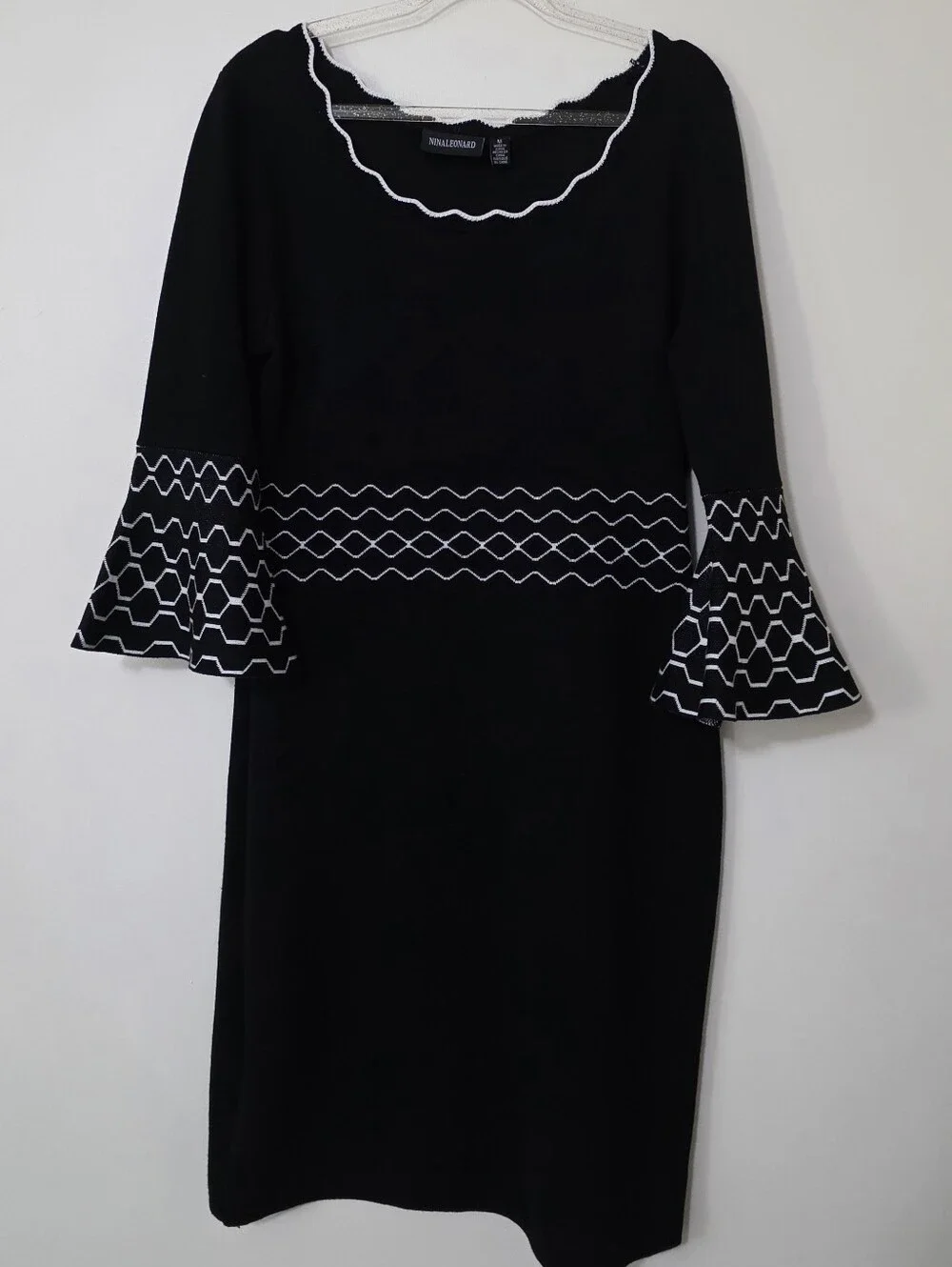 Black Sweater Dress Geometric Details Bell Sleeve 60s Mod Preppy Retro Medium